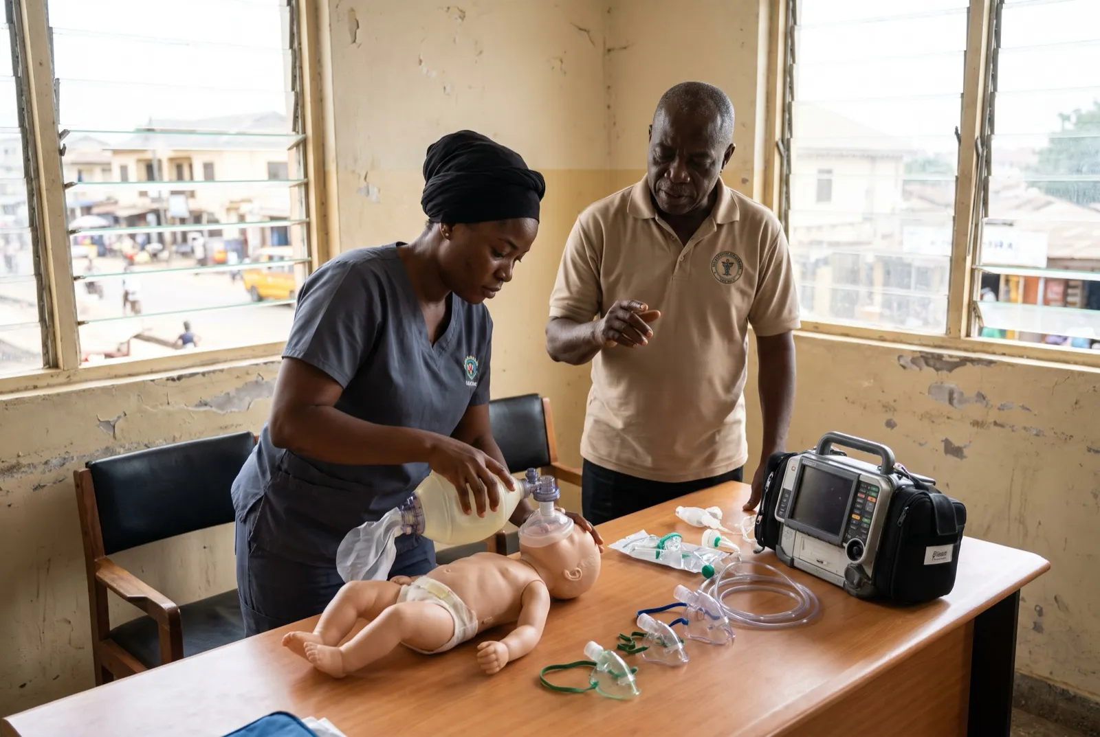 Trainees in a classroom pediatric emergency training session